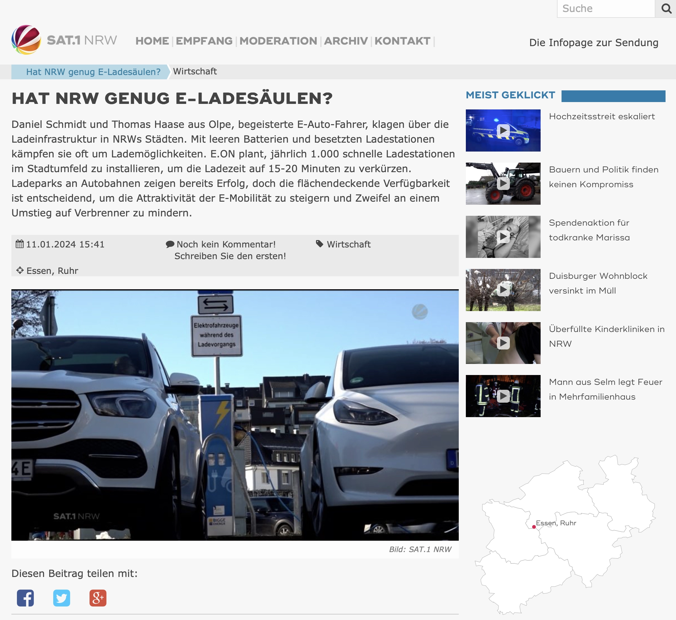 Website von SAT.1 über ein Bericht über Ladeinfrastruktur